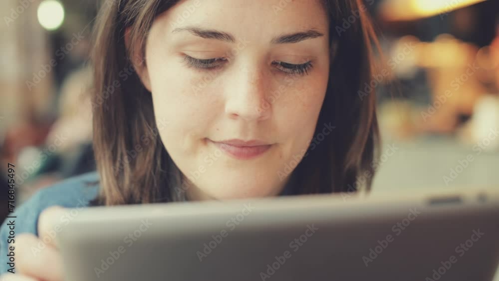 Poster closeup of woman, tablet and scroll online, face with tech for internet, website or blog with concen