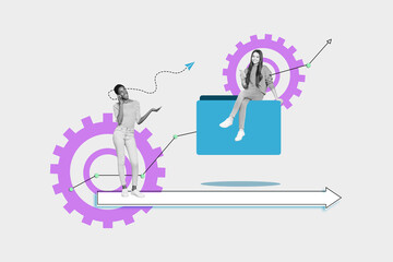 Collage creative picture image beautiful smile successful young women cooperation teamwork...