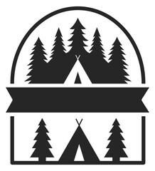 Obraz premium Tourist logo with camping tent in forest. Travel emblem template