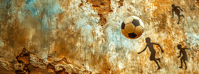 soccer play with silhouetted players and a ball against a rustic, aged wall, merging sports with a vintage aesthetic.