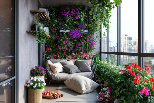 Modern large balcony is decorated with flowers. Reading and relaxing area at home
