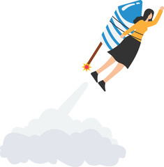 Success boosts or accelerates career growth, Woman power or lady leadership, Speed up working progress or boost work ambition, Flying rocket booster or jetpack engine

