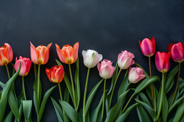 Multi-colored tulips on a black background. Beautiful background template for congratulations on Mother's Day, Women's Day, romance and love with copy space