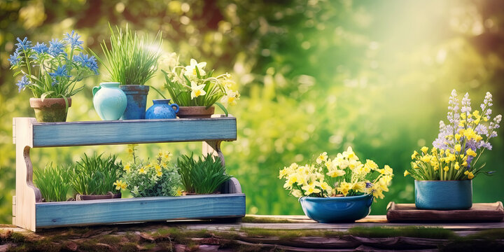 Natural summer garden banner with plants. Flover pots an wooden shelf.