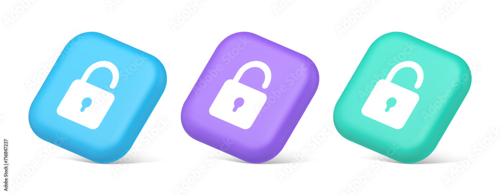 Poster open lock button cyberspace password security protection service 3d realistic isometric icon