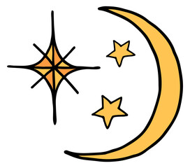Crescent moon and stars yellow doodle icon