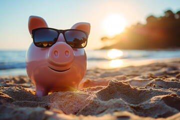 A piggy bank wearing sunglasses at the beach at sunset, depicting the concept of financial freedom or saving up for a vacation