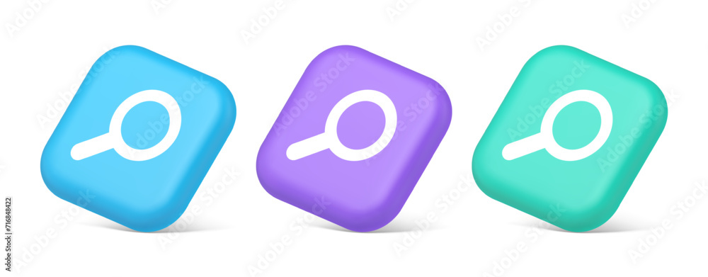 Poster browsing internet searching button magnifying glass analyzing information 3d realistic icon