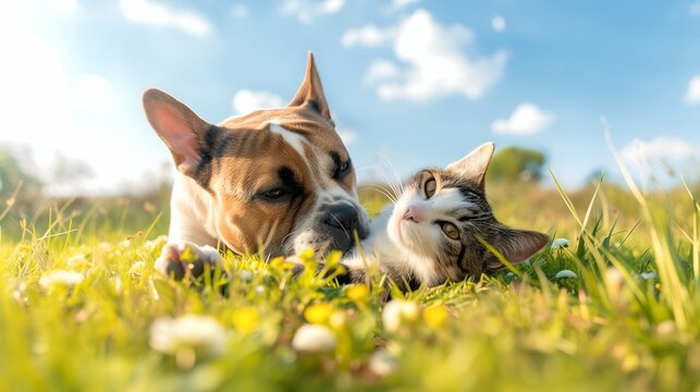 Cute beagle dog and cat lying on green grass under blue sky