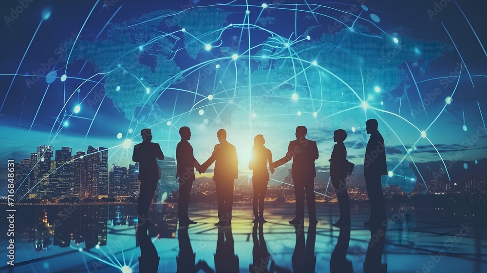 Wall mural silhouettes of business people shaking hands on city background with double exposure of network holo - Wall murals