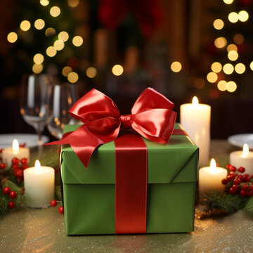 Green gift bow on red gift box with candle on the table