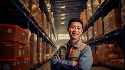 Professional loader is Chinese man in warehouse with cardboard boxes of goods on shelves. Smiling uniformed loader demonstrates his willingness enthusiasm to do his job. Logistics, storage, delivery.