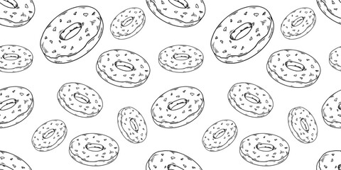 Line vector illustration donuts pattern seamless, fextile, fabric, wrapping paper, wallpaper, cafe