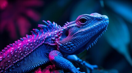Fototapeta premium A lizard in close-up in neon illumination, an iguana illuminated in ultraviolet tones