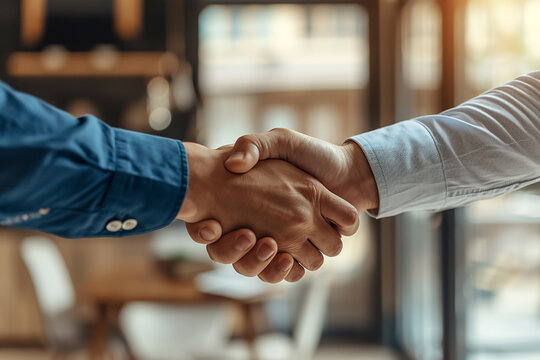 Real estate agents shake hands after the signing of the contract agreement is complete 