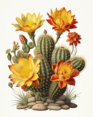 A colorful photorealistic cactus plant with yellow and red flowers