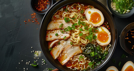 sweet ramen bowl top view, with eggs oil noodles and pork, warm broth hot yummy, japanese 
