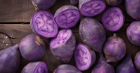 ube purple, sweet potatoe, japanese, healthy trend bio, top view pattern background - obrazy, fototapety, plakaty