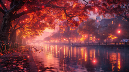 Autumn leaves, trees and paths. generative AI