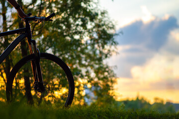 Bicycle on a green summer background, sunset. Copy space