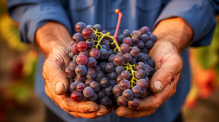 Farmer man hands with harvested grapes for red wine