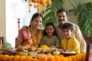Photo of Indian happy family sits at a festive table with food