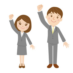 新入社員、ガッツポーズ、男女、収入アップ、サイン、スーツを着た就活生、