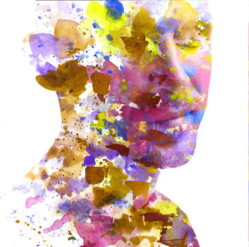 A paintography double exposure male portrait combined with colorful stains