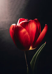 A radiant red tulip blooms against a dark backdrop, highlighting its vibrant petals and delicate structure