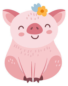 Happy baby pig character. Cute pink piglet