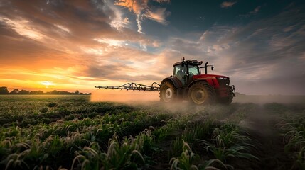 Fototapeta premium tractor in field, tractor is spraying pesticide on a field at sunset or dawn with a dramatic sky in the background