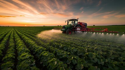 combine harvester working on a field,  tractor is spraying pesticide on a field at sunset or dawn with a dramatic sky in the background