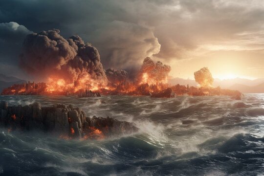 An image depicting the apocalypse with earthquake, lava, tsunamis, smoke, and lightning. High resolution, realistic, cinematic. Generative AI