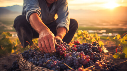 farmer's hands harvest grapes from the plant as the sunset falls
