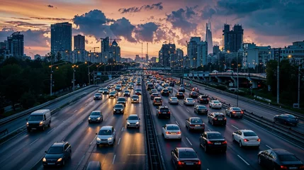 Fototapeten perspective sur une autoroute qui entre dans une ville moderne aux heures de pointe avec un trafic routier important © Sébastien Jouve