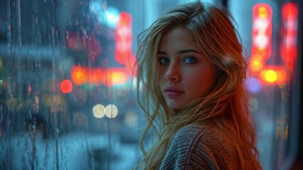 jeune femme blonde se tournant vers la caméra, derrière une vitre mouillée par la pluie donnant...