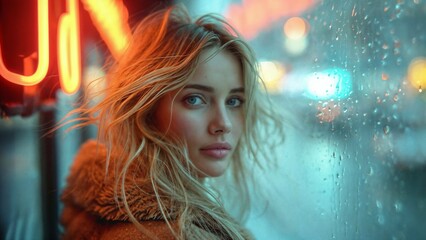 jeune femme blonde se tournant vers la caméra, derrière une vitre mouillée par la pluie donnant...