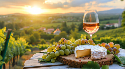 Présentation d'un plateau de fromage avec verre de vin, grappe de raisin et bouteille de vin sur fond de décor de vignoble - obrazy, fototapety, plakaty