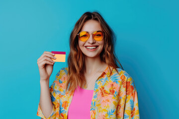 Portrait of pretty girl wear stylish shirt holding credit card isolated on blue color background - obrazy, fototapety, plakaty