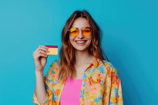 Portrait of pretty girl wear stylish shirt holding credit card isolated on blue color background