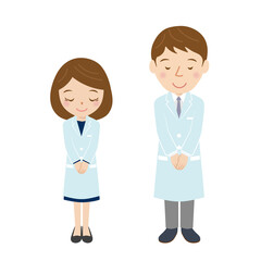 医者、研究者、男性、女性、お辞儀、ベクター