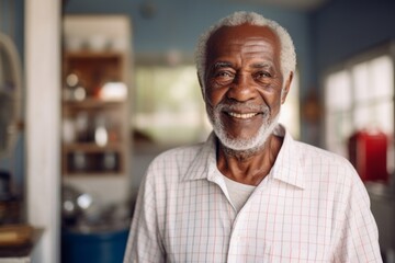 Fototapeta premium Portrait of a glad afro-american elderly man in his 90s donning a classy polo shirt against a scandinavian-style interior background. AI Generation