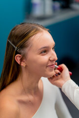 close-up makeup artist applies powder cosmetics with a brush to the face of client in a beauty salon