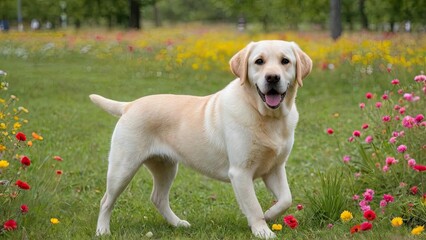 Yellow labrador retriever dog in flower field
