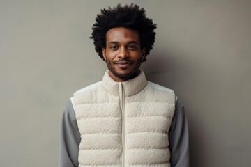 Portrait of a satisfied afro-american man in his 30s dressed in a thermal insulation vest against a bare concrete or plaster wall. AI Generation - obrazy, fototapety, plakaty