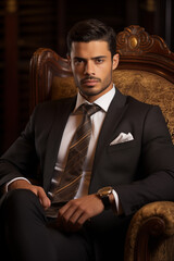 Arab male business portrait, eye catching and elegant, sitting in an armchair. AI Generative