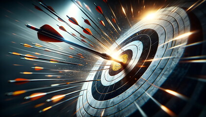 an arrow pierces the center of a bullseye target, capturing the intensity and accuracy of the shot. success and focus symbols.