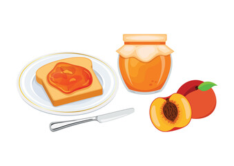 Toasted bread with peach jam vector illustration. Toast on a plate and peach jam breakfast still life vector. Jam jar with peaches and slice of bread icon set on a white background