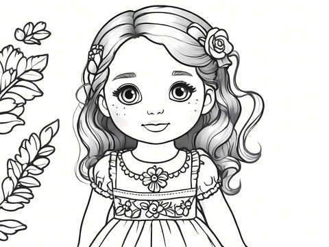 Little princess, small girl wearing dress, picture, illustration suitable for coloring book. Colourig page that can be printed on paper, black and white portrait, on white background