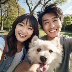 Happy young asian couple with dog taking a selfie in a park